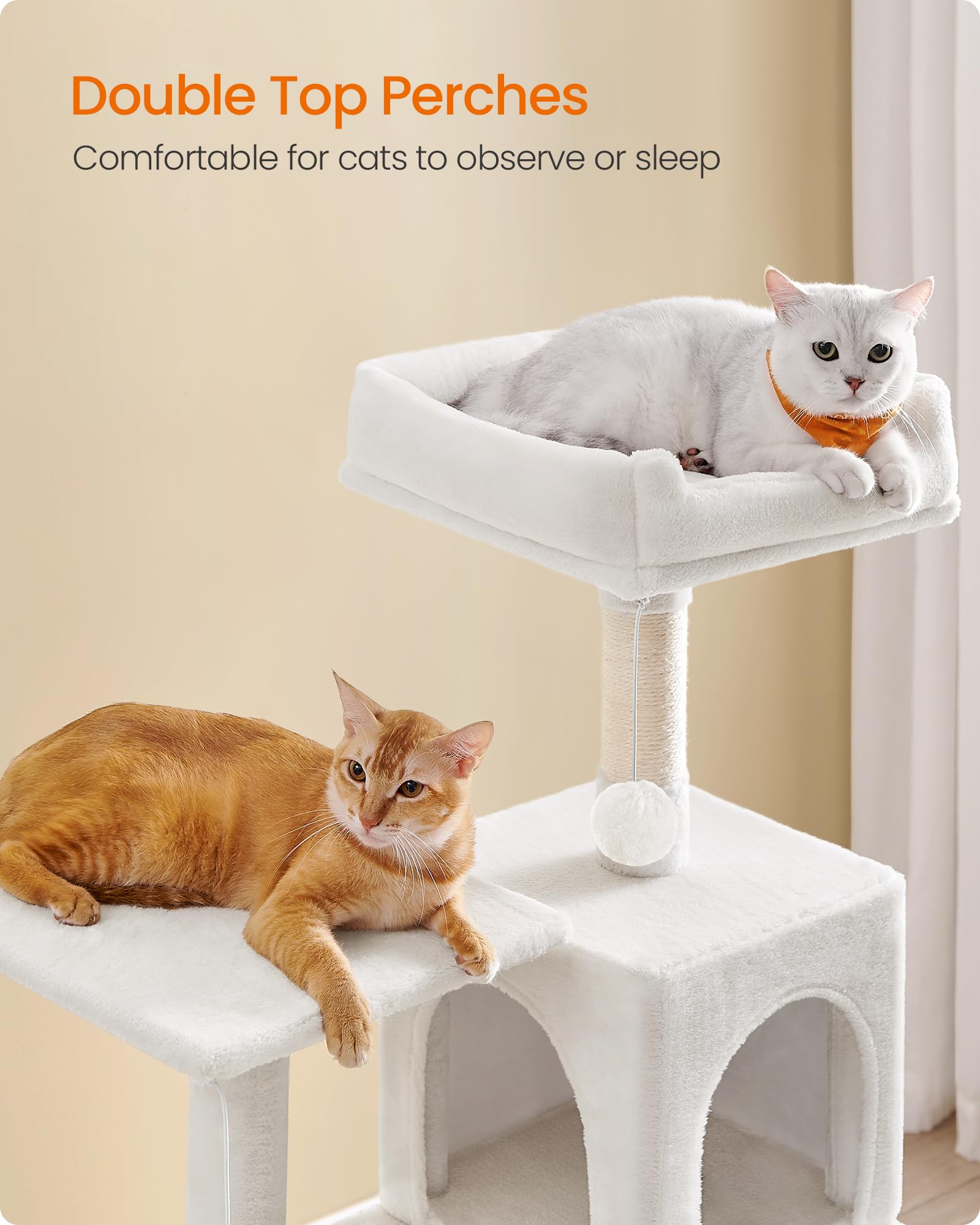 Feandrea Cat Tree, 54.2-Inch Cat Tower, Plush Multi-Level Condo with 4 Scratching Posts, 2 Perches, Hammock, Cave, Cream White UPCT161T01