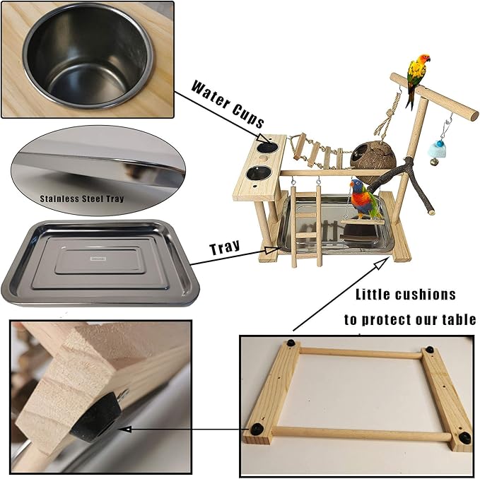 Parakeet Playground Bird Play Stand Natural Wood Perch Gym Parrots Nest Climb Swing Ladders with Feeder Cups Lovebirds Cage Accessories Toy Exercise Activity for Conure Cockatiel Lovebirds