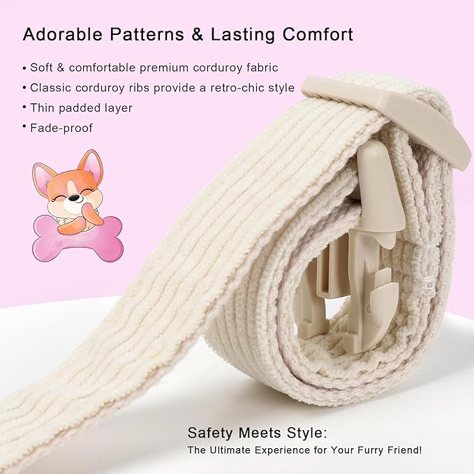 Babole Pet Cute Corduroy Dog Collar - White Adjustable Dog Collars for Medium Dogs 25-50lbs, Fade-Proof with Secure Snap & Little Charm, Christmas Birthday Gift, M