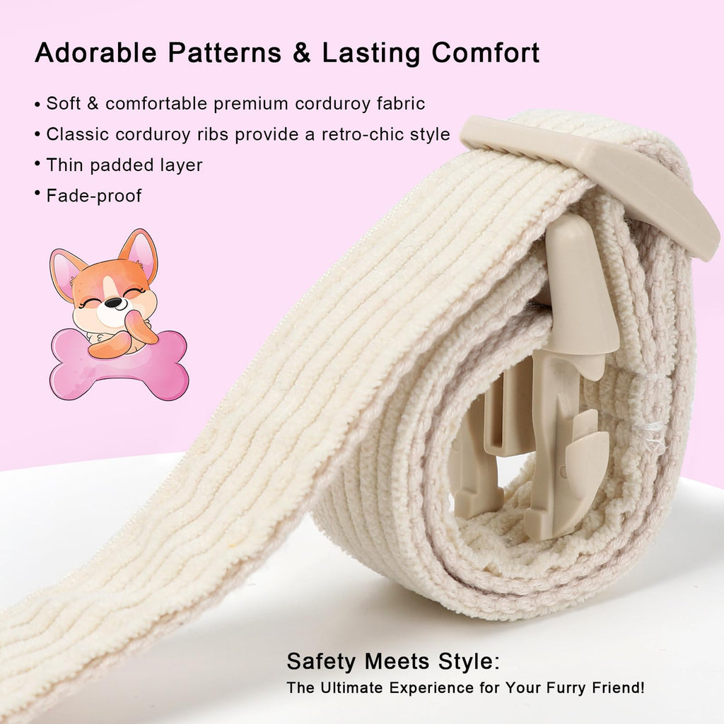 Babole Pet Cute Corduroy Dog Collar - White Adjustable Dog Collars for Small Dogs 10-25lbs, Fade-Proof with Secure Snap & Little Charm, Christmas Birthday Gift, S