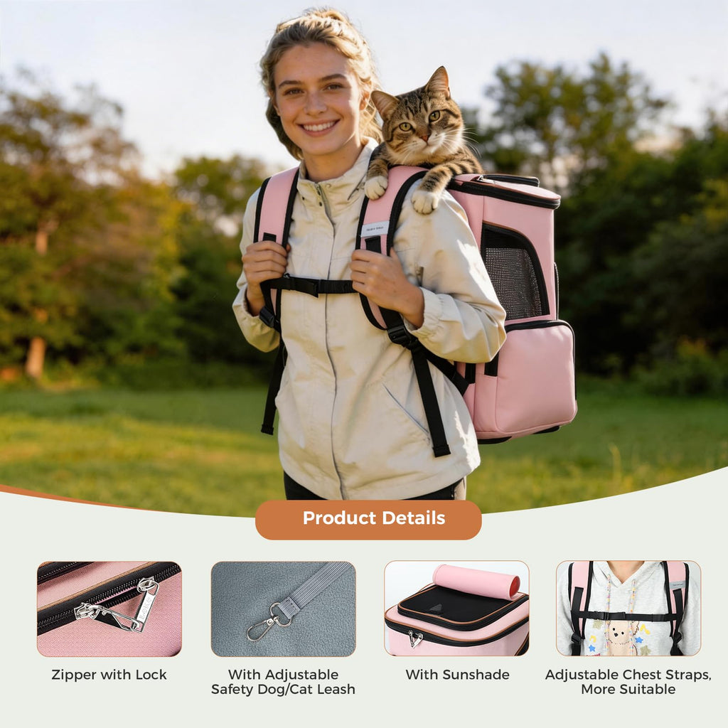 Lekereise Large Cat Backpack Carrier Expandable Pet Carrier Backpack for Small Dogs Medium Cats Fit Up to 18 Lbs, Foldable Puppy Backpack Carrier for Travel, Hiking, Pink