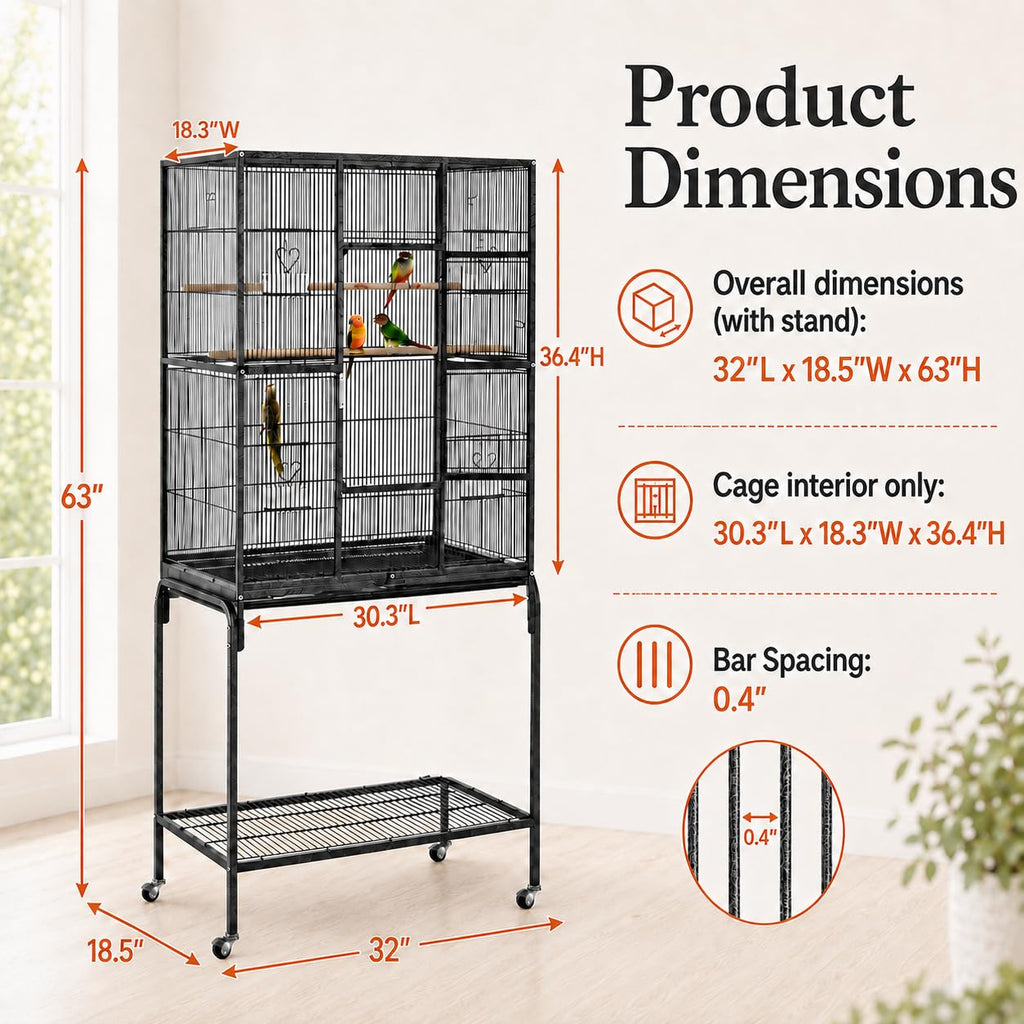 Yaheetech 63-Inch Wrought Iron Rolling Large Bird Cage for African Grey Small Quaker Amazon Parrots Canary Bird Flight Cage