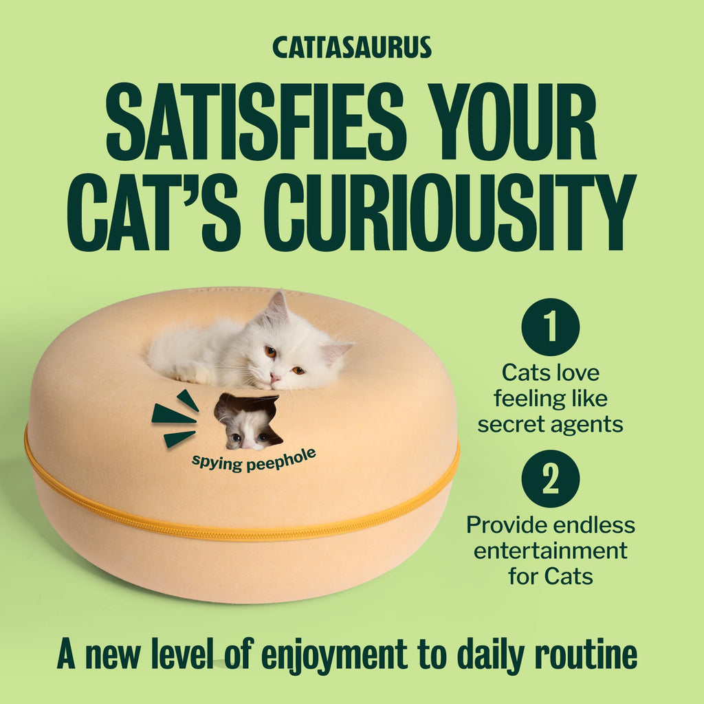 Cattasaurus Peekaboo Cat Cave Donut for Multiple & Large Cats up to 30-45 lbs, 3-in-1 Self Warming Cat Bed, Tunnel & Scratcher for Indoor Cats, Washable & Detachable Dog Bed (Pastel Macaron, Large)