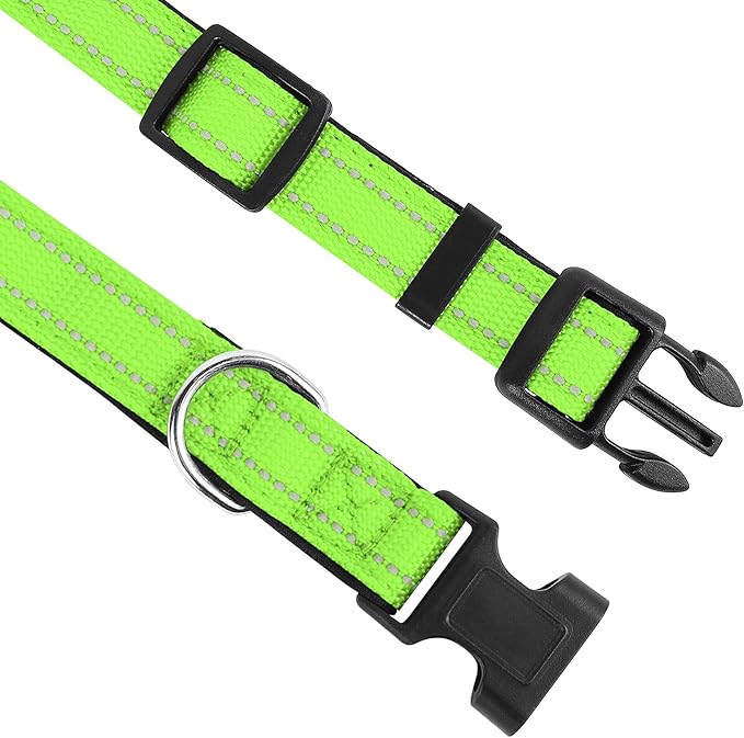 PWOD Reflective Dog Collar, Adjustable Soft Neoprene Padded Nylon Pet Collars with Buckle for Puppy and Small Dogs, Cats, Green,XS