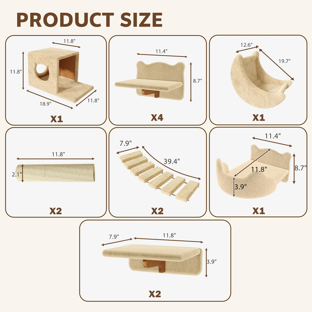 Homiflex 13-in-1 Cat Wall Shelves, Moon & Bridge Cat Wall Furniture, Beige