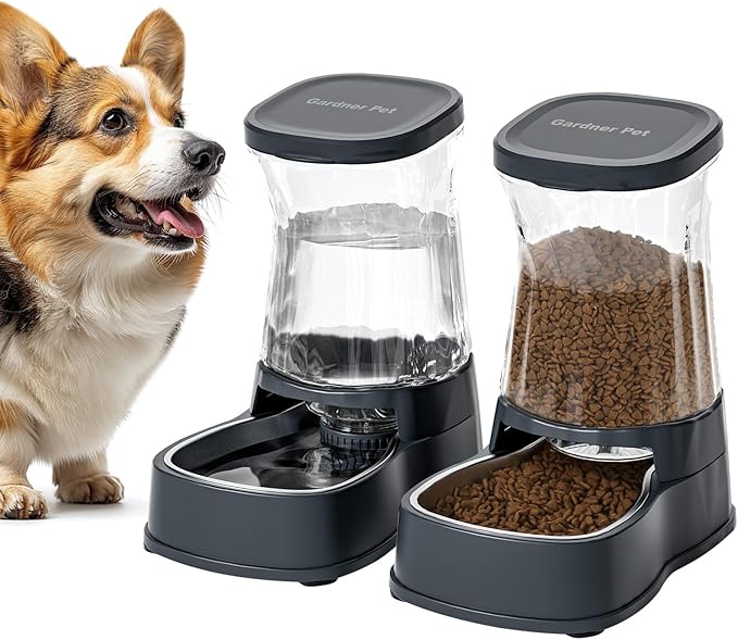Automatic Pets Gravity Feeder and Water Dispenser Set with Stainless Steel Bowl, 1Gallon x 2 Stable Dog Food Feeder and Waterer, 100% BPA-Free for Small&Medium Dogs, Cats