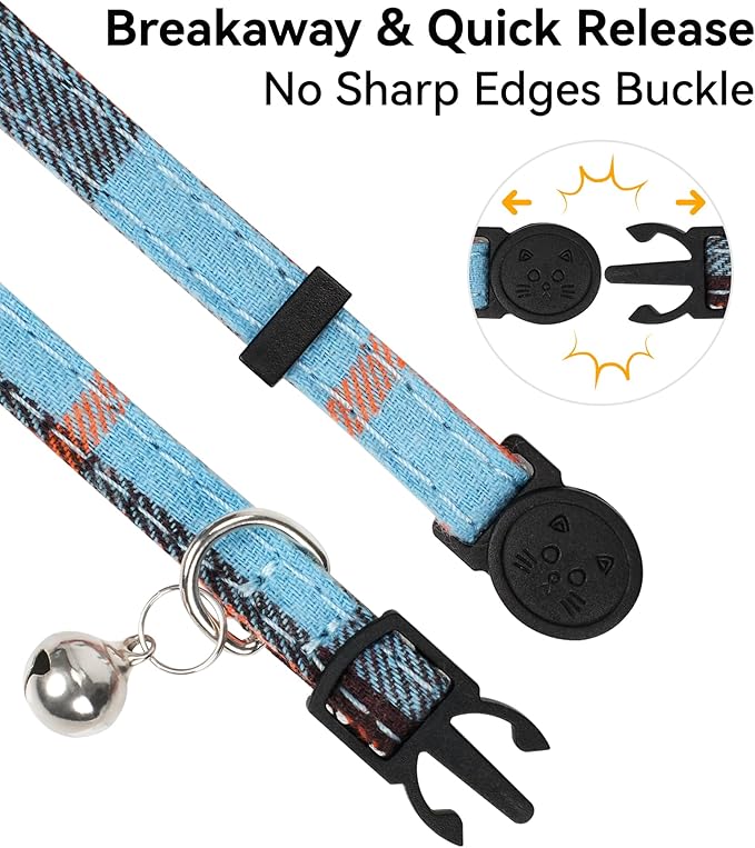 Joytale Upgraded Cat Collar with Bells, Breakaway Cat Collars with Bow Tie, 1 Pack Girl Boy Safety Plaid Kitten Collars, Haze Blue