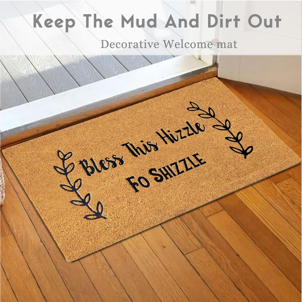 Assaoy Door mat Outside Entrance,Bless This Hizzle Fo Shizzle Coir Front Door Mat with Heavy Duty Backing,Funny Doormats,Welcome Embroidered Rubber Floor Mat Indoor Spring Easter Home Decor 30”x18”