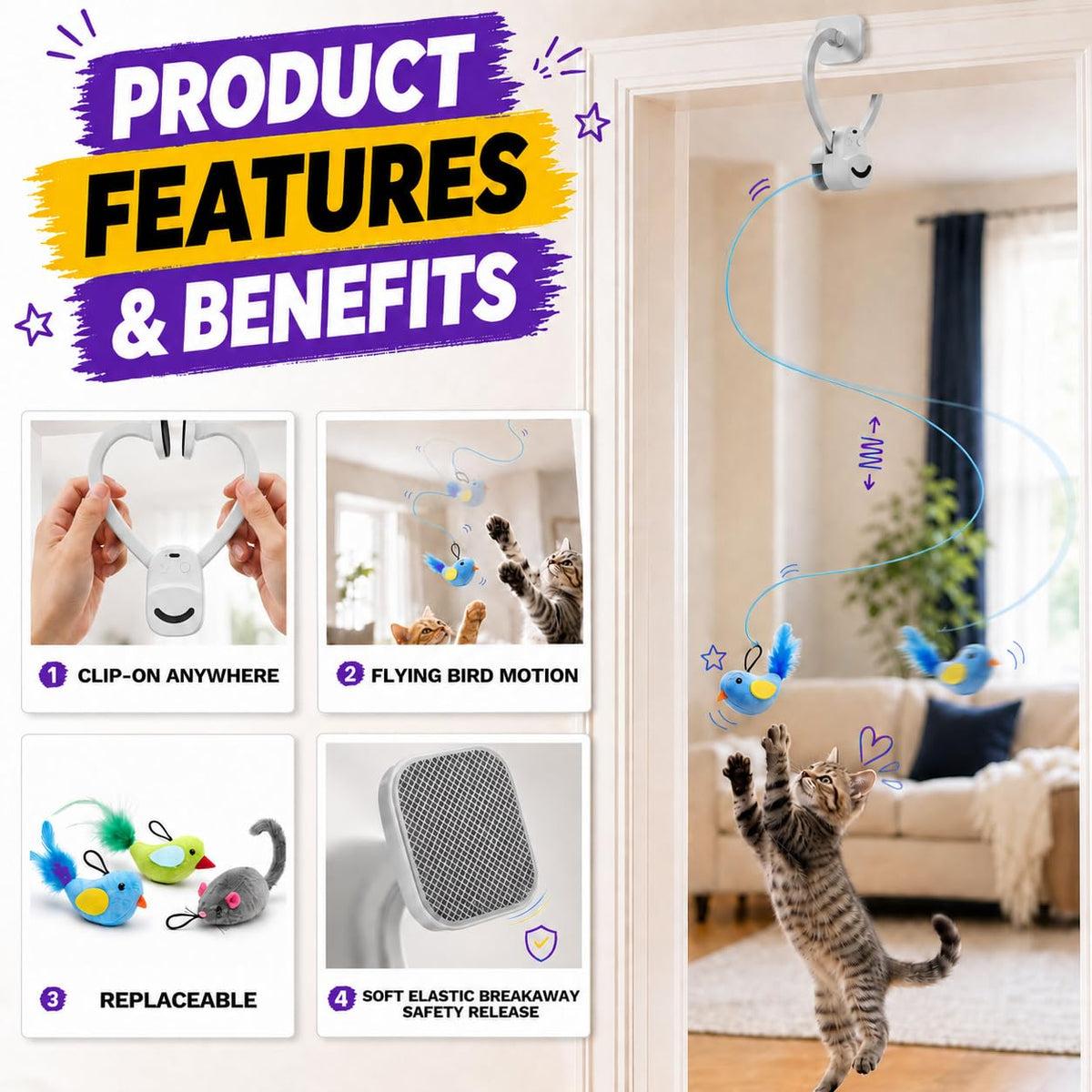 Interactive Cat Toys for Indoor Cats, Clip-On Automatic Flying Bird