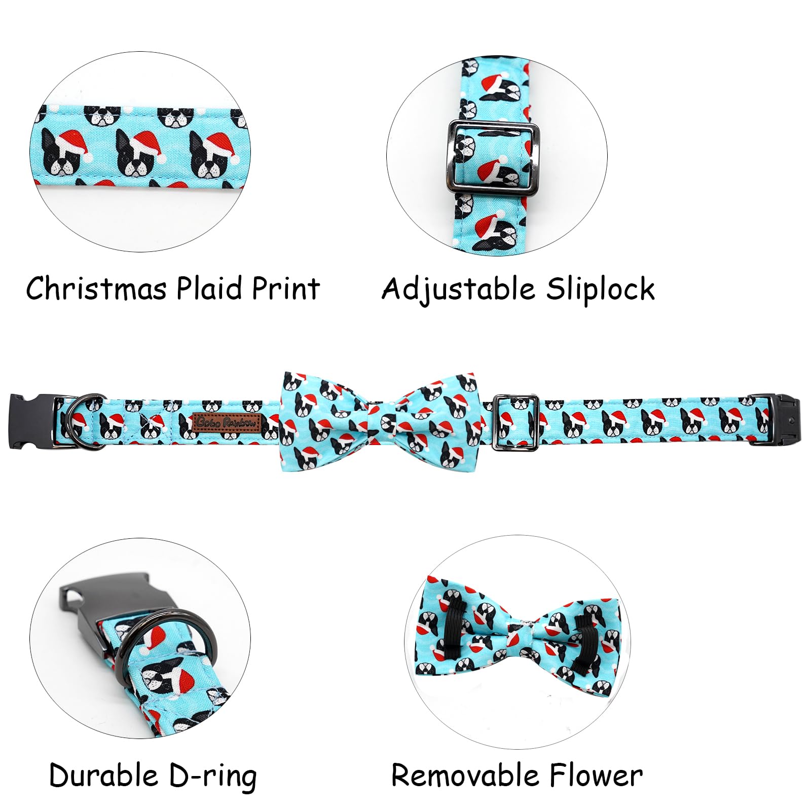 Bobo Rainbow Dog Collar, Christmas Dog Collar Plaid Pet Collar Bow Holiday Bows Girl Boy Puppy Collar Adjustable Pet Collar for Large Dogs