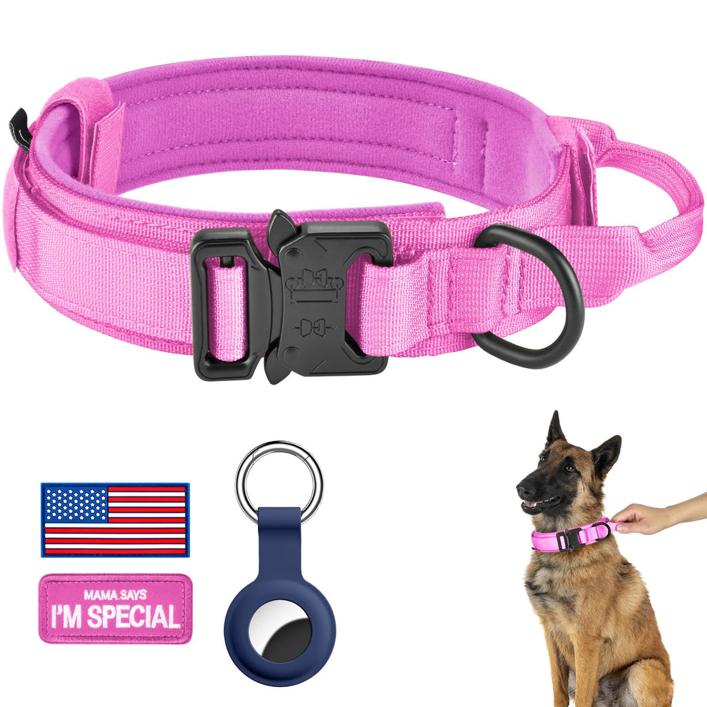 DAGANXI Tactical Dog Collar, Adjustable Military Training Nylon Dog Collar with Control Handle and Heavy Metal Buckle for Medium and Large Dogs, with Patches and Airtags Case (L, Pink)