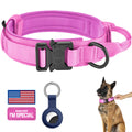 DAGANXI Tactical Dog Collar, Adjustable Military Training Nylon Dog Collar with Control Handle and Heavy Metal Buckle for Medium and Large Dogs, with Patches and Airtags Case (L, Pink)