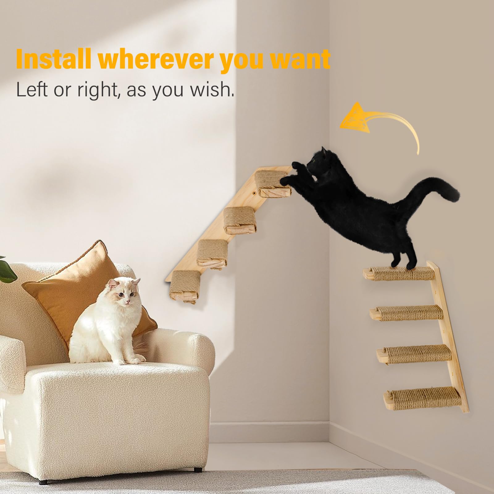 2 Pack 4 Steps Cat Wall Shelves and Stairs with Sisal Rope.Cat Wall Steps/Ladder Furniture ＆ cat Tree Supplies(Catstairs 2Pack-4Steps)
