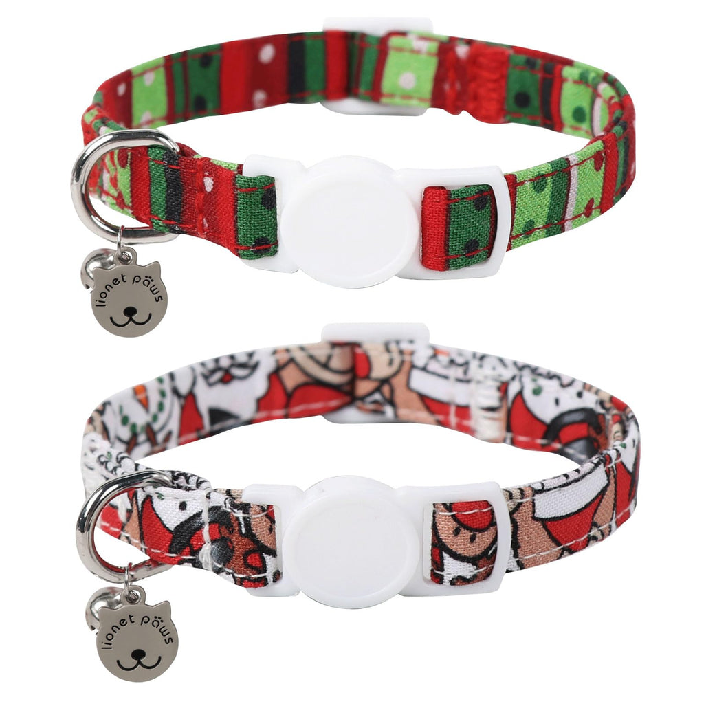 Lionet Paws 2pcs Pack Cotton Cat Collar,Breakaway Buckle Christmas Cat Colar with Santa,Red Green Dot Cute Adjustable Cat Kitten Collar,Ideal for Boy Cats