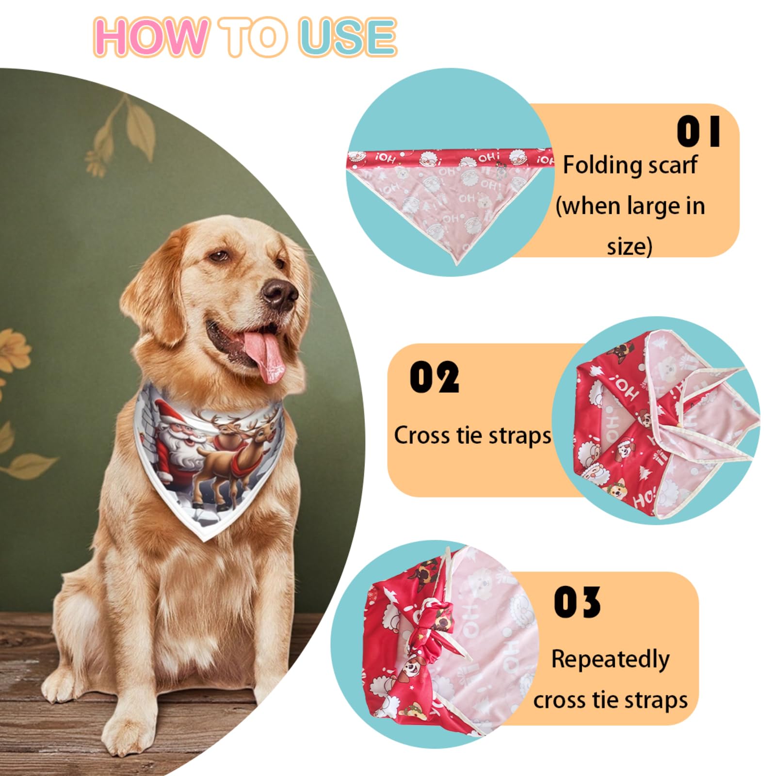 PAPIAMEN Christmas Dog Bandanas,Reflective Dog Bandana for Night Safety,Adjustable Santa Claus Dog Scarf Triangle Boy and Girl Pet Scarves for Medium Dogs,White,M