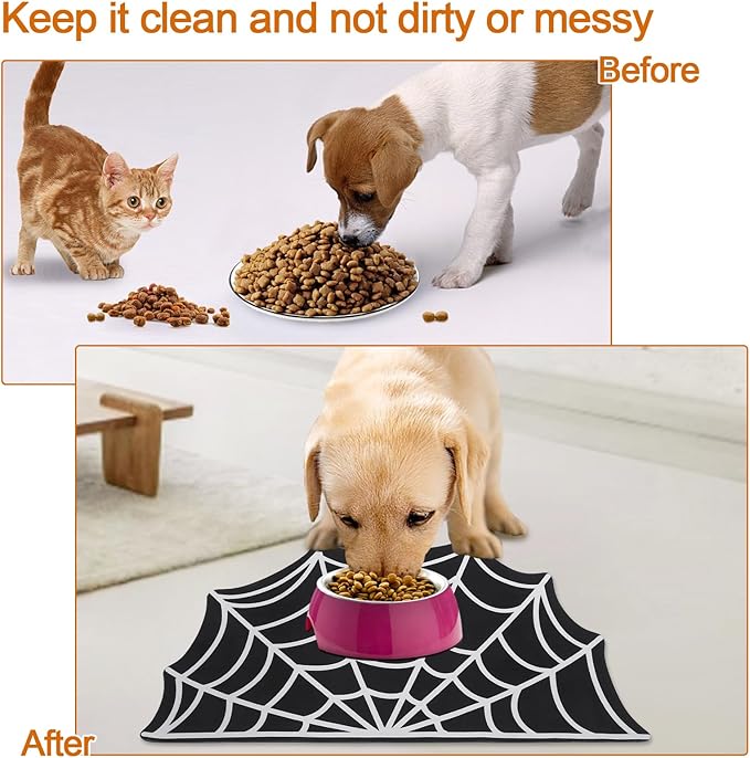 Halloween Dog Cat Mat for Food & Water Feeding, Spider Web 35.5''x24''