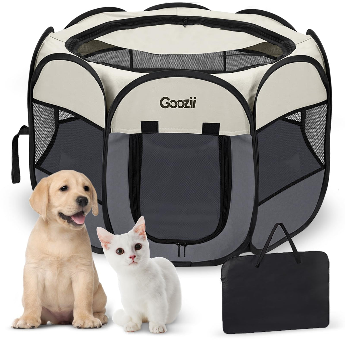 Goozii Pet Cat Playpen for Indoor Cats Enclosed, Puppy Dog Play Pen for Outdoor Travel Camping (Small Size, Green & Dark Grey)