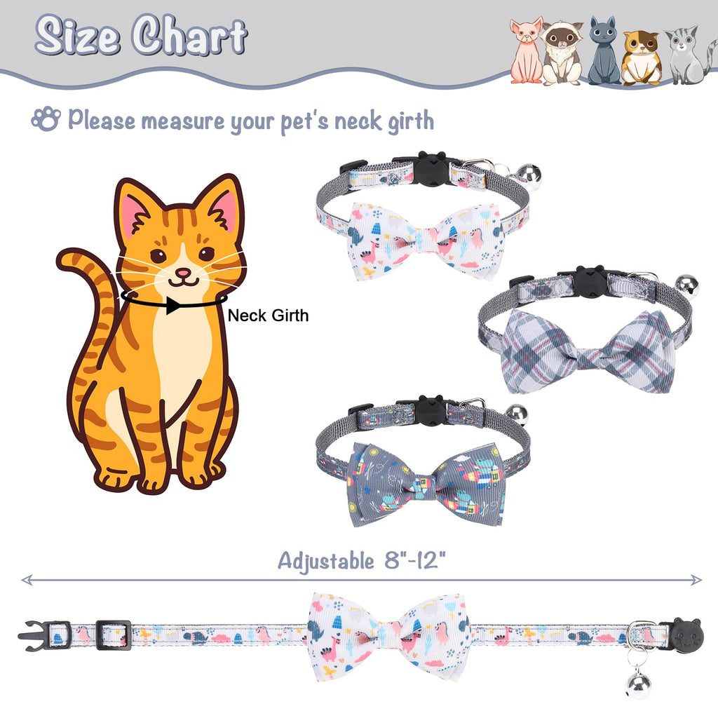 VKPETFR Breakaway Cat Collar with Removable Bow Tie and Bell, Cute Multi-Style Patterns, 3 Pack Safety Buckle Kitten Collars, Adjustable Pet Collar for Boy Cats Puppy (Gray)