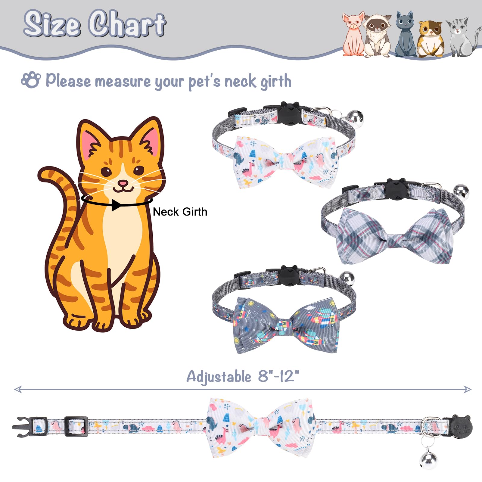 VKPETFR Breakaway Cat Collar with Removable Bow Tie and Bell, Cute Multi-Style Patterns, 3 Pack Safety Buckle Kitten Collars, Adjustable Pet Collar for Boy Cats Puppy (Gray)