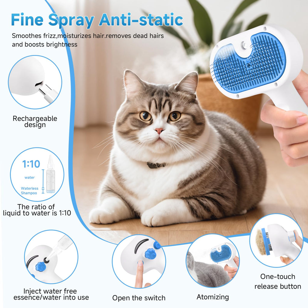 LetsFeed Pet Steam Brush for Dogs & Cats, 3-in-1 Shedding Grooming Tool