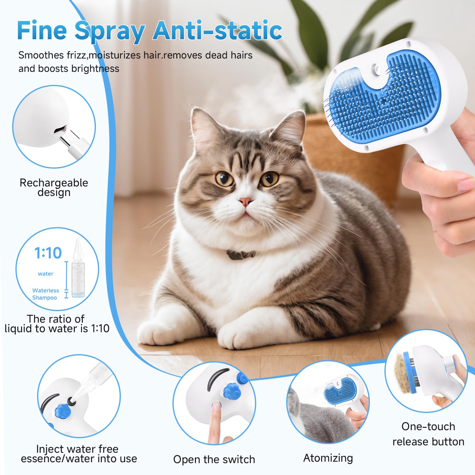 LetsFeed Pet Steam Brush for Dogs & Cats, 3-in-1 Shedding Grooming Tool
