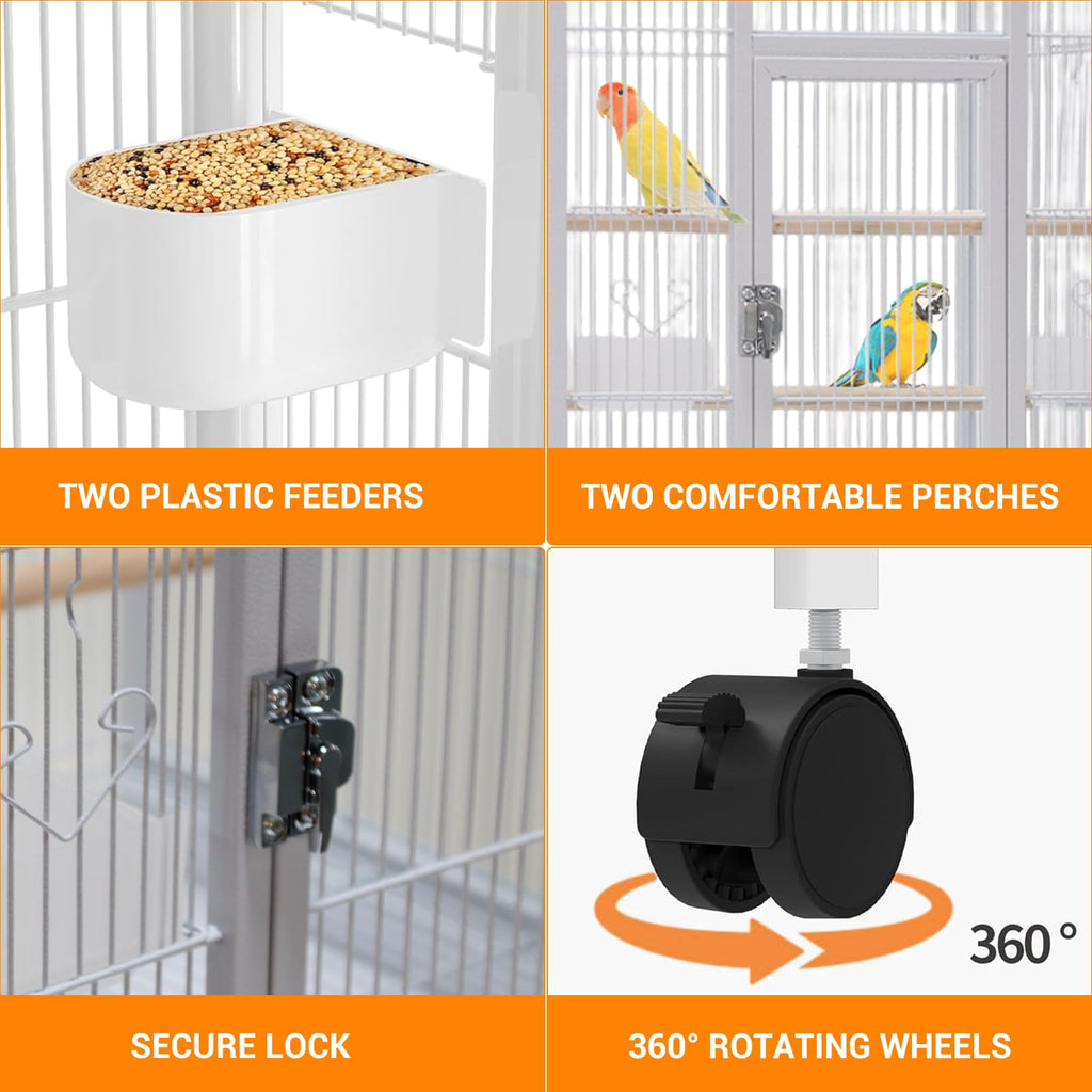 52'' Wrought Iron Birdcage with Detachable Rolling Stand & Feeder, Large Bird Cage with Secure Lock & Slide-Out Tray, Indoor Outdoor Bird Cage on Wheels,Parrot Cages for Parakeets, Pigeons, White