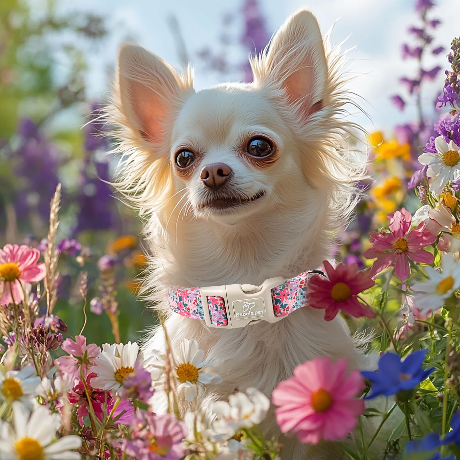 Babole Pet Floral Dog Collar, Cute Girl Dog Collars - Pastel Wildflowers Pattern Spring Summer Puppy Collar, Adjustable Female Dog Collars for Small Medium Large Dogs M