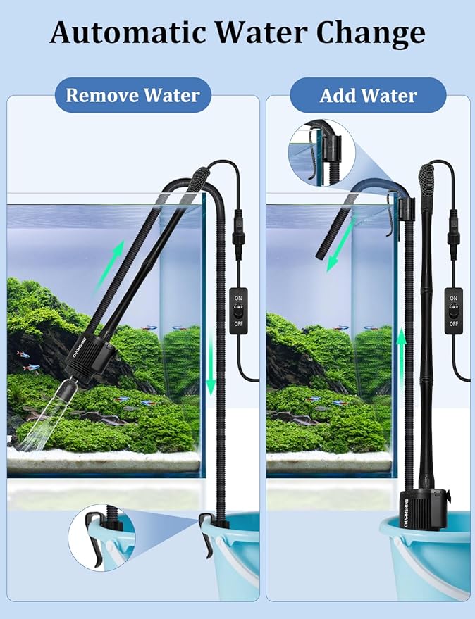 Gravel Vacuum for Aquarium, 6 in 1 Fish Tank Cleaner Tool Kit Electric Vacuum Gravel Cleaner for Aquarium Automatic Water Change, Wash Sand, Water Circulation,With Filter Cup, Hose Clamp (370GPH 22W)