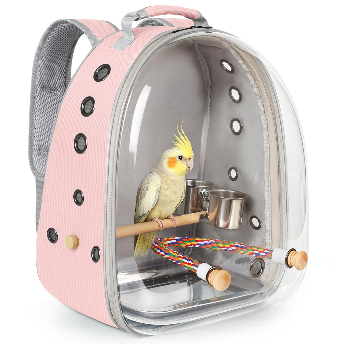 Bird Traval Carrier Cage, Clear Space Capsule Astronaut Backpack to Carry Parakeet Cockatiel Parrot with Metal Tray Wood Perch Bird Feeder, Vet Transport School Bag