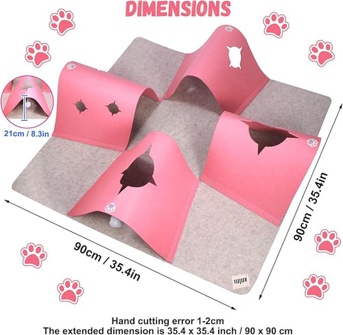 35.4" Large Interactive Felt Cat Activity Play Mat – Ripple Style Hide & Seek Tunnel with Hanging Ball, Foldable Snuffle Mat for Indoor Cats, Kittens, Rabbits, Small Pets, Pink