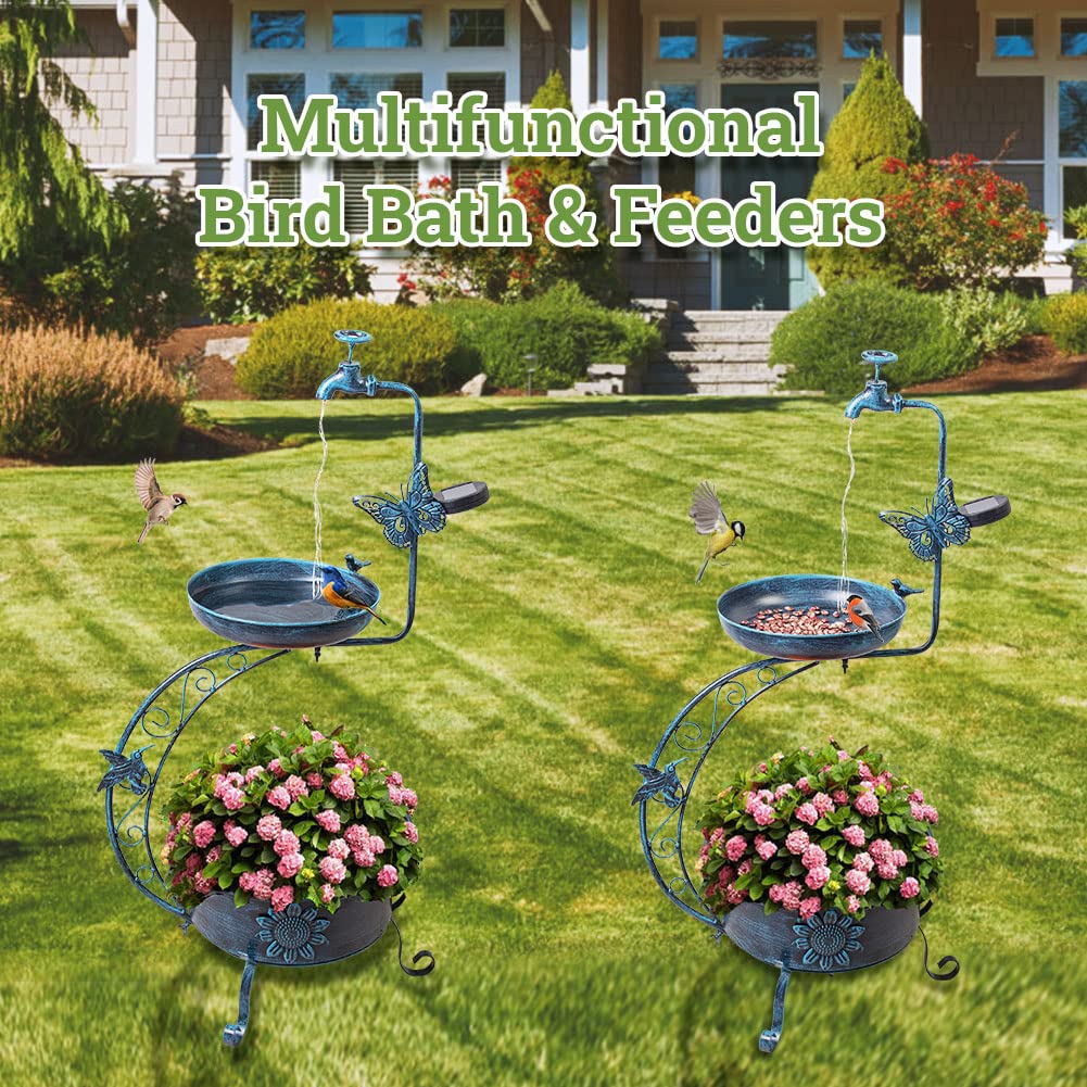VEWOGARDEN Vintage Solar Bird Bath for Outside Garden with Planter, Outdoor Metal Standing Birdbath for Garden Yard Patio Decoration, Blue