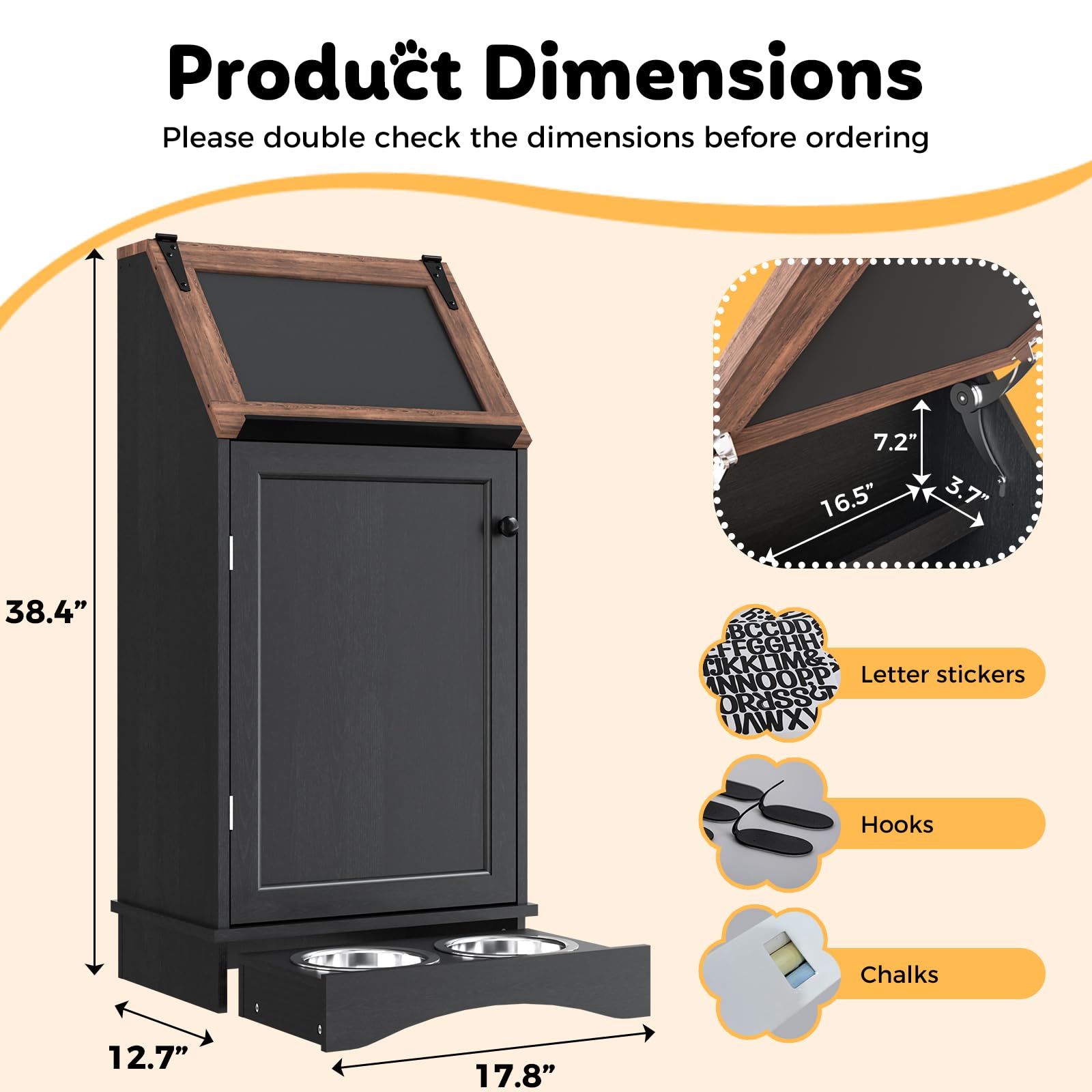 Furnivio Dog Food Feeding Station with Storage, Pet Food Storage Cabinet with Bowls and Flip-Top Blackboard, Hidden Trash Can, Pet Organizer Cabinet for Dog and Cat, Black
