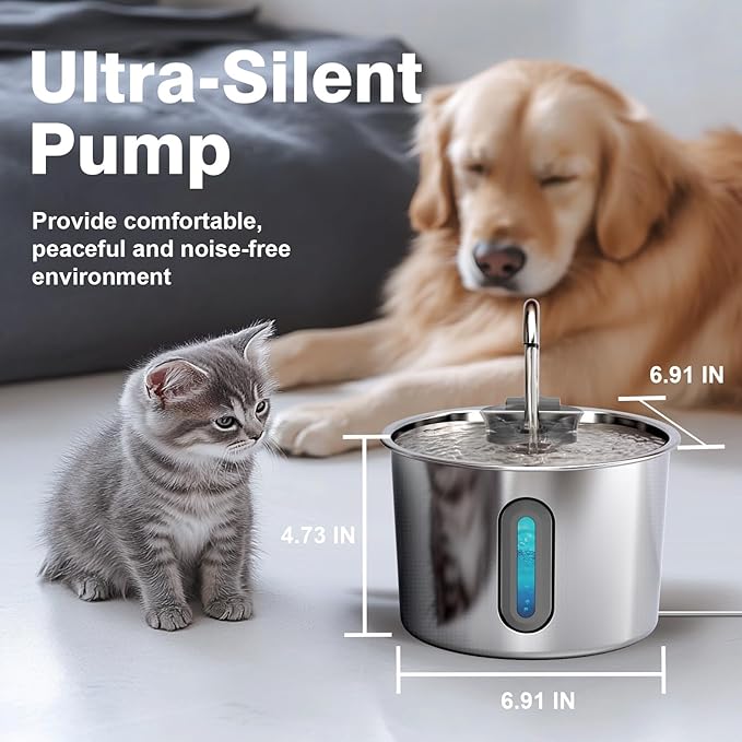 HAJXM Cat Water Fountain, 74oz/2.2L Cat Fountain for Drinking - Pet Water Fountain Stainless Steel for Cats Inside - Quiet Water Bowl Dispenser - Kitty Drinking Fountains - 8 Filters + 8 Sponges