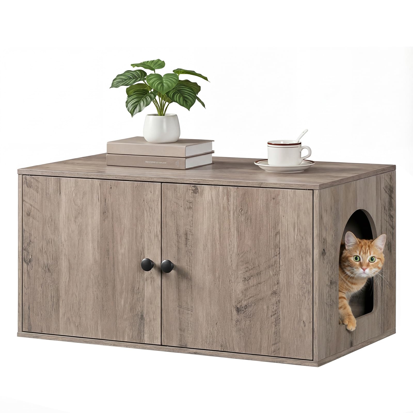 HOOBRO Cat Litter Box Enclosure, Hidden Litter Box Furniture with Side Entry, Litter Box Cabinet, Indoor Cat House, End Side Table, 31.5"L x 17.7"W x 16.3"H, for Living Room, Bathroom, Greige BG40MW01