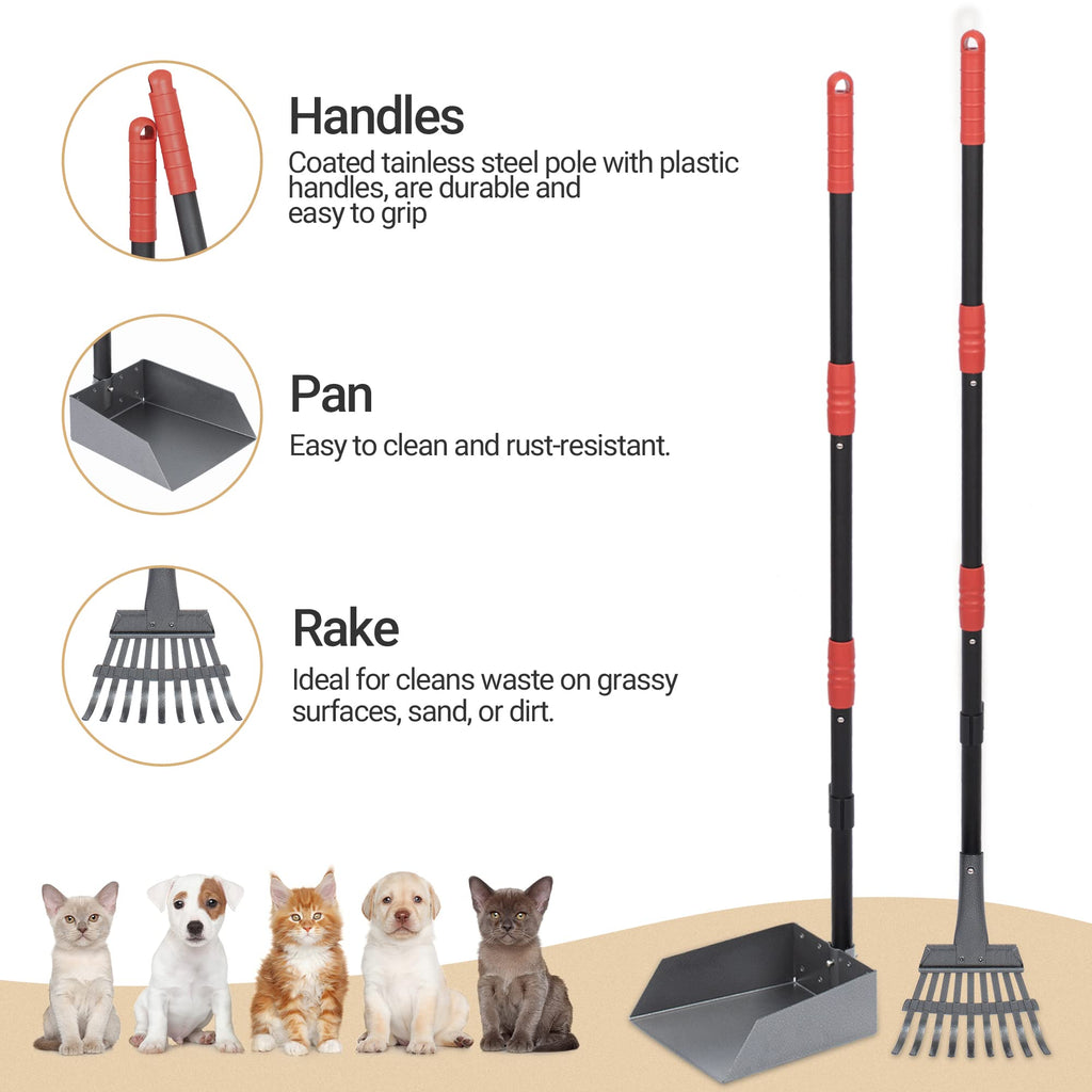 Dog Pooper Scooper, Dog Poop Tray and Rake Set with Long Stainless Handles