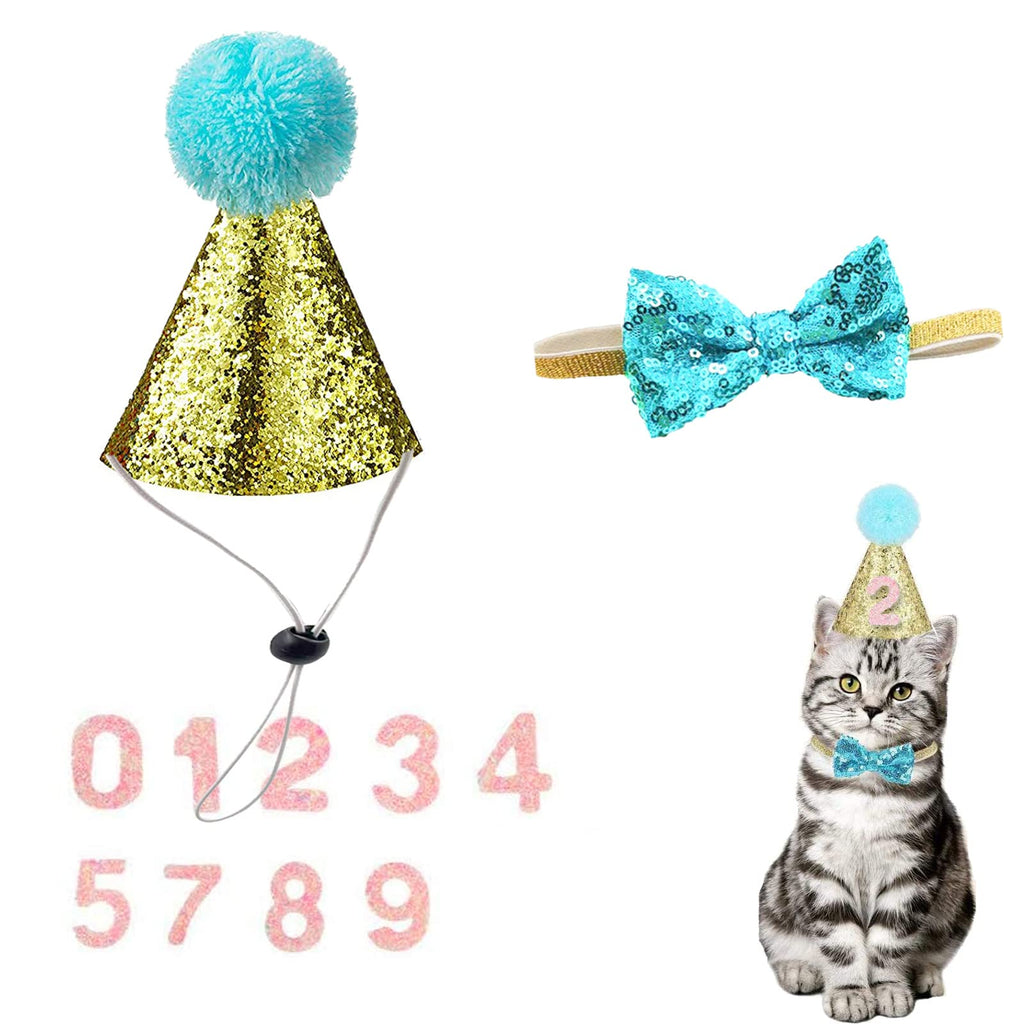 Christmas Pet Party Jazz Hat and Blingbling Bow Tie Breakaway Collar Set, Adjustable Headband for Kitten Puppy Small Dogs Cats (Light Blue+Number)
