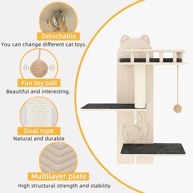 HHOFURN Cat Wall Shelves, 3 Platform Kitten Wall Furniture, DIY for Painting Cats Scratching Post with Sisal Scratching Post and Ball Toy