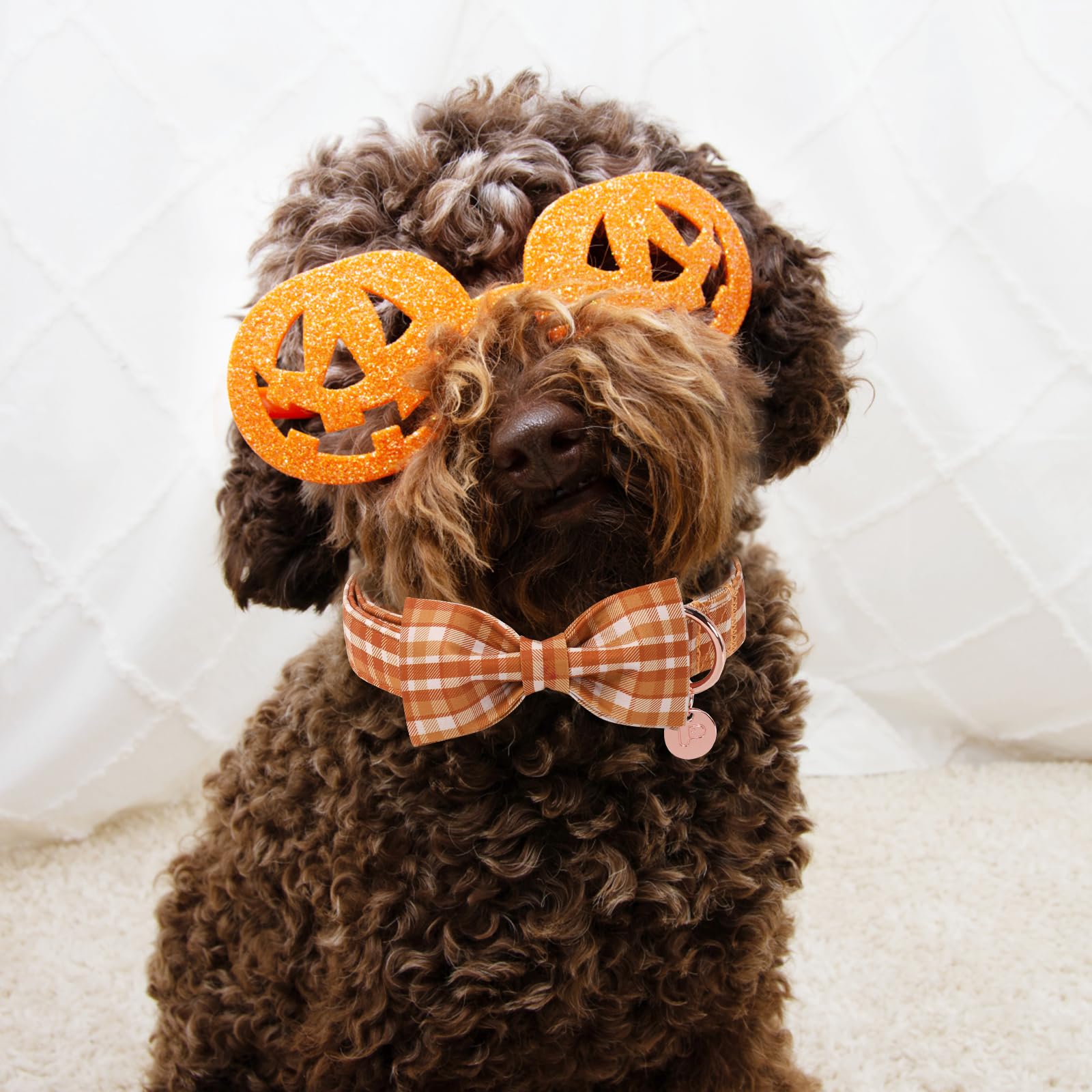 UP URARA PUP Fall Plaid Dog Collar and Bow Tie Set – Brown Orange Checkered Adjustable Collar with Maple Leaf Charm for Small Medium Large Dogs, Soft Cotton Puppy Collar with Quick Release Buckle