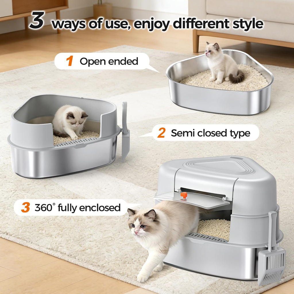 Chumajor XXL Stainless Steel Corner Cat Litter Box with Lid,Grey