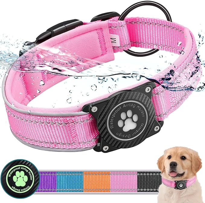 OKVSKO Airtag Dog Collar with Waterproof Air Tag Holder, Luminous Reflective, Soft Padded, Adjustable Nylon Pet Collar for Small Medium Large Heavy Duty Dogs,Pink, M