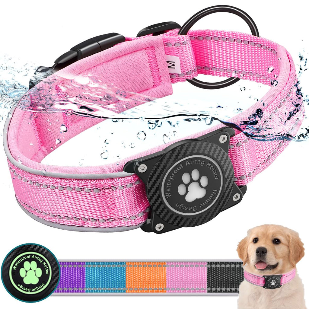 OKVSKO Airtag Dog Collar with Waterproof Air Tag Holder, Luminous Reflective, Soft Padded, Adjustable Nylon Pet Collar for Small Medium Large Heavy Duty Dogs,Pink, S