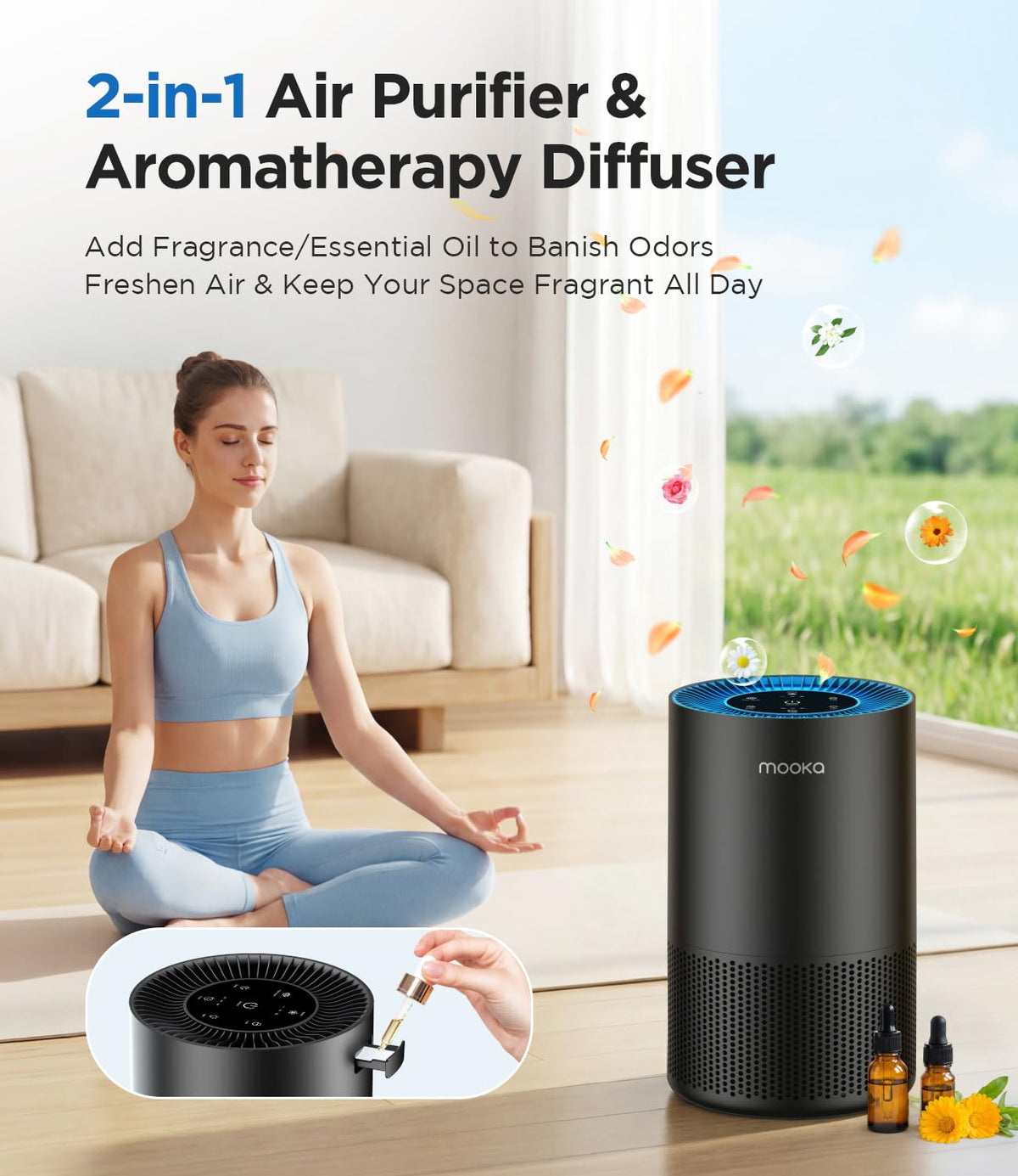 MOOKA H13 HEPA Air Purifier for Home Pet Large Room Up to 1300ft², Black