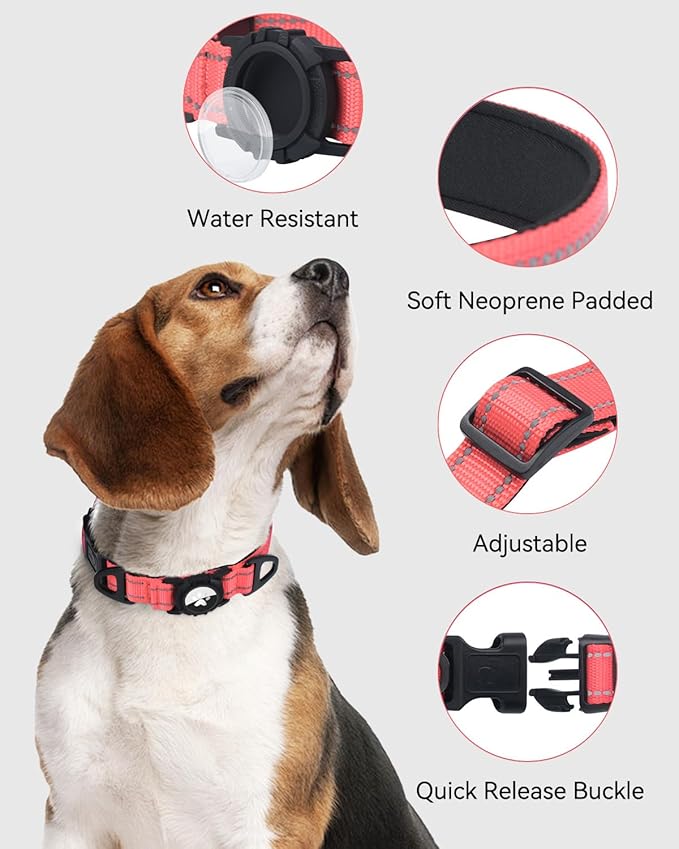 Joytale Airtag Dog Collar, Reflective Pet Collar with Waterproof AirTag Holder, Dual D-Rings, Soft Padded Adjustable for Extra Large Dogs, Neon Pink, XL