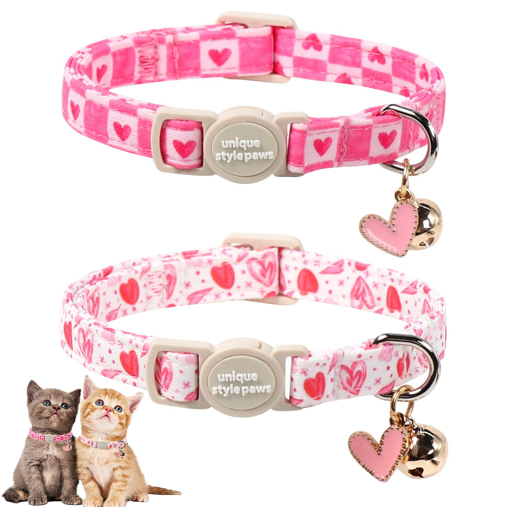 Unique Style Paws Pink Kitten Collars,Cute Valentine Cats Collar with Bell,Kitten Collar Breakaway Buckle with Heart Pattern,Adjustable Valentine Cat Collars,Ideal Gift for Boy Girl Cats
