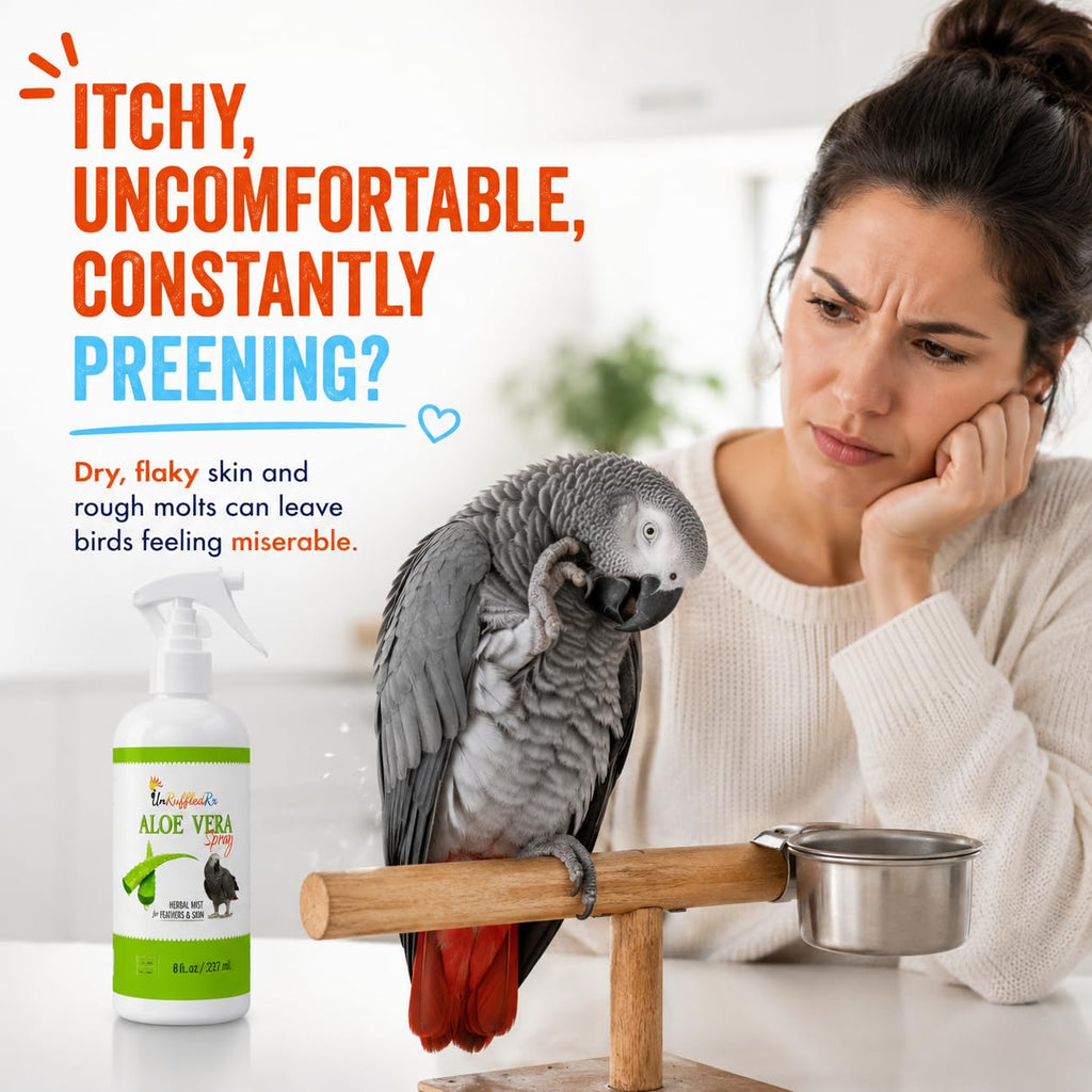 UnRuffledRx Aloe Vera Bird Spray for Parrots | Gentle Daily Support for Itchy Skin, Scratching, Dry Feathers & Feather Comfort | Fragrance Free & Safe if Preened, 8 oz