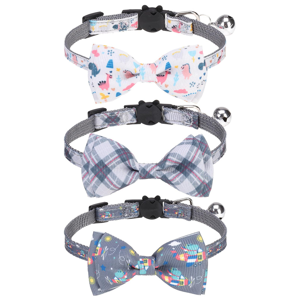VKPETFR Breakaway Cat Collar with Removable Bow Tie and Bell, Cute Multi-Style Patterns, 3 Pack Safety Buckle Kitten Collars, Adjustable Pet Collar for Boy Cats Puppy (Gray)