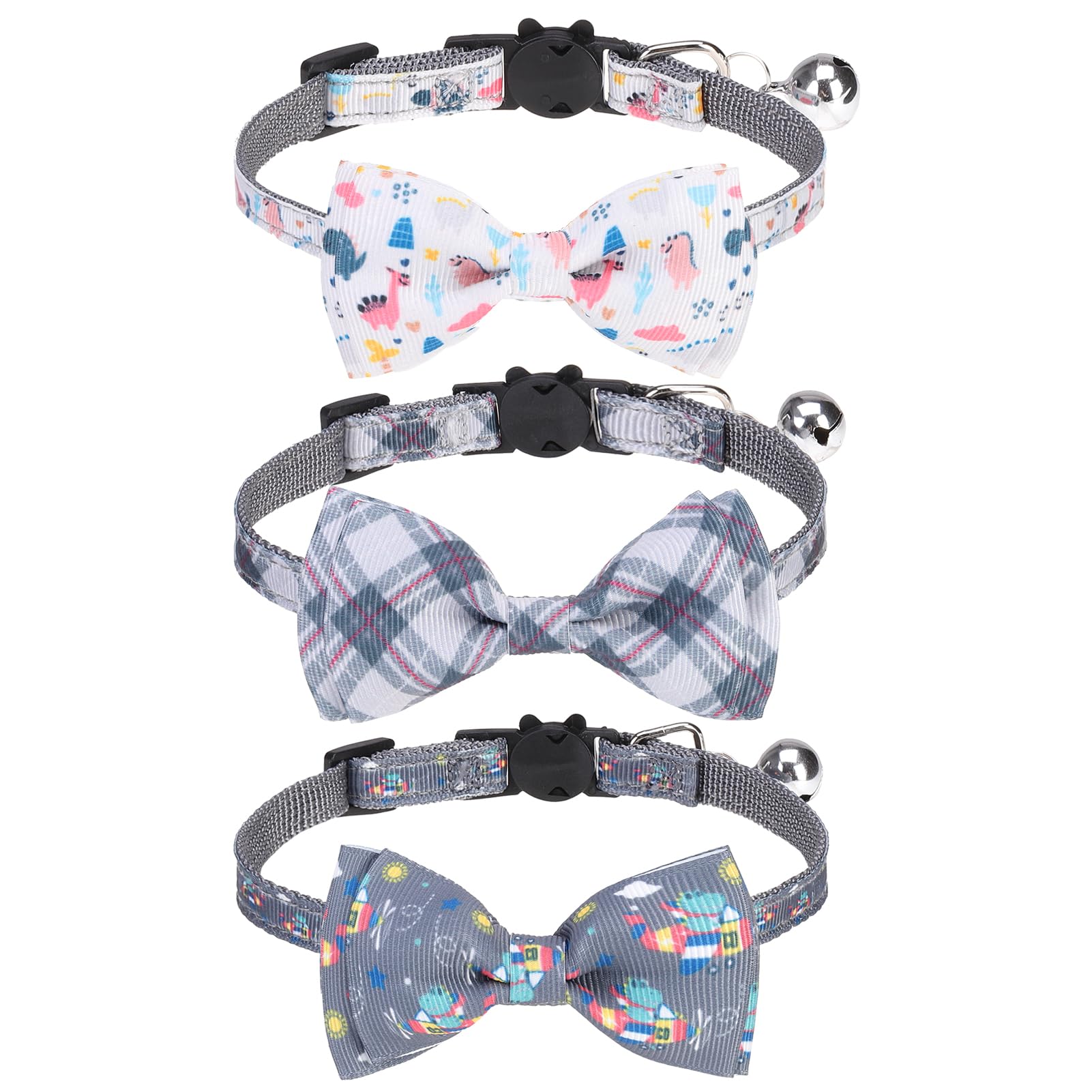 VKPETFR Breakaway Cat Collar with Removable Bow Tie and Bell, Cute Multi-Style Patterns, 3 Pack Safety Buckle Kitten Collars, Adjustable Pet Collar for Boy Cats Puppy (Gray)