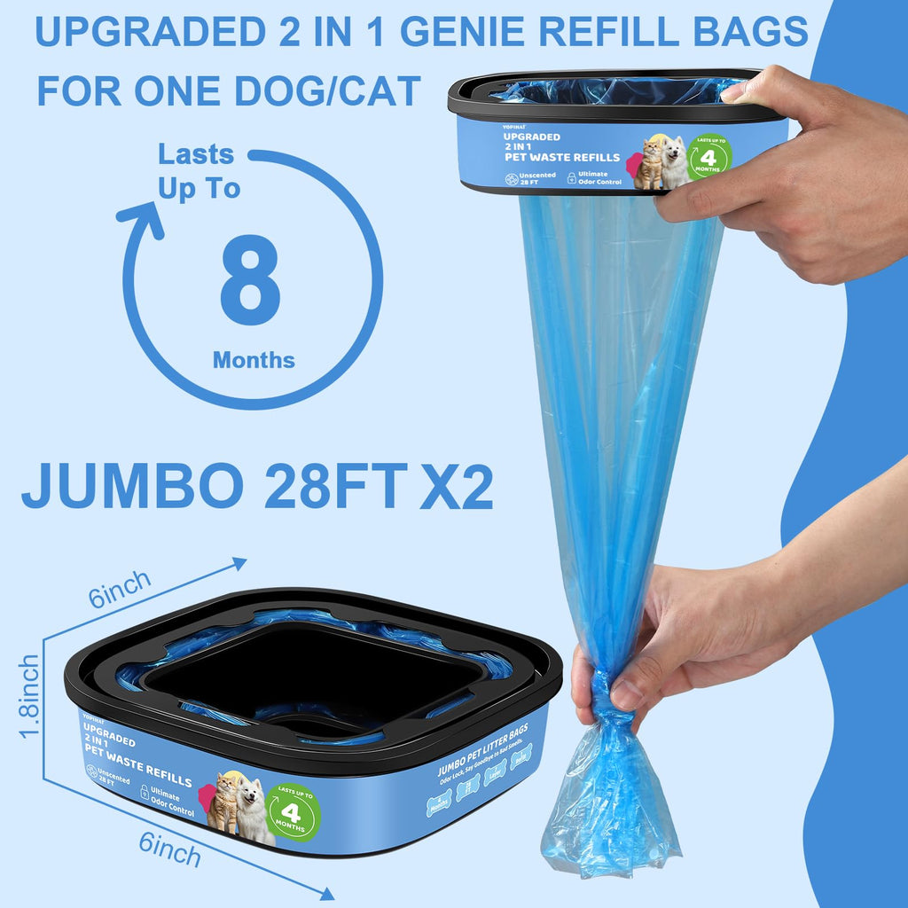 Genie Refill Bags for Cat Dog 2 Pack - Total 56FT Lasts Up to 8 Months - 2026 New Superior Odor Control for Dog Poop Cat Litter Bags - Pet Waste Refill Bags Fits Pet Genie and Litter Genie Pails