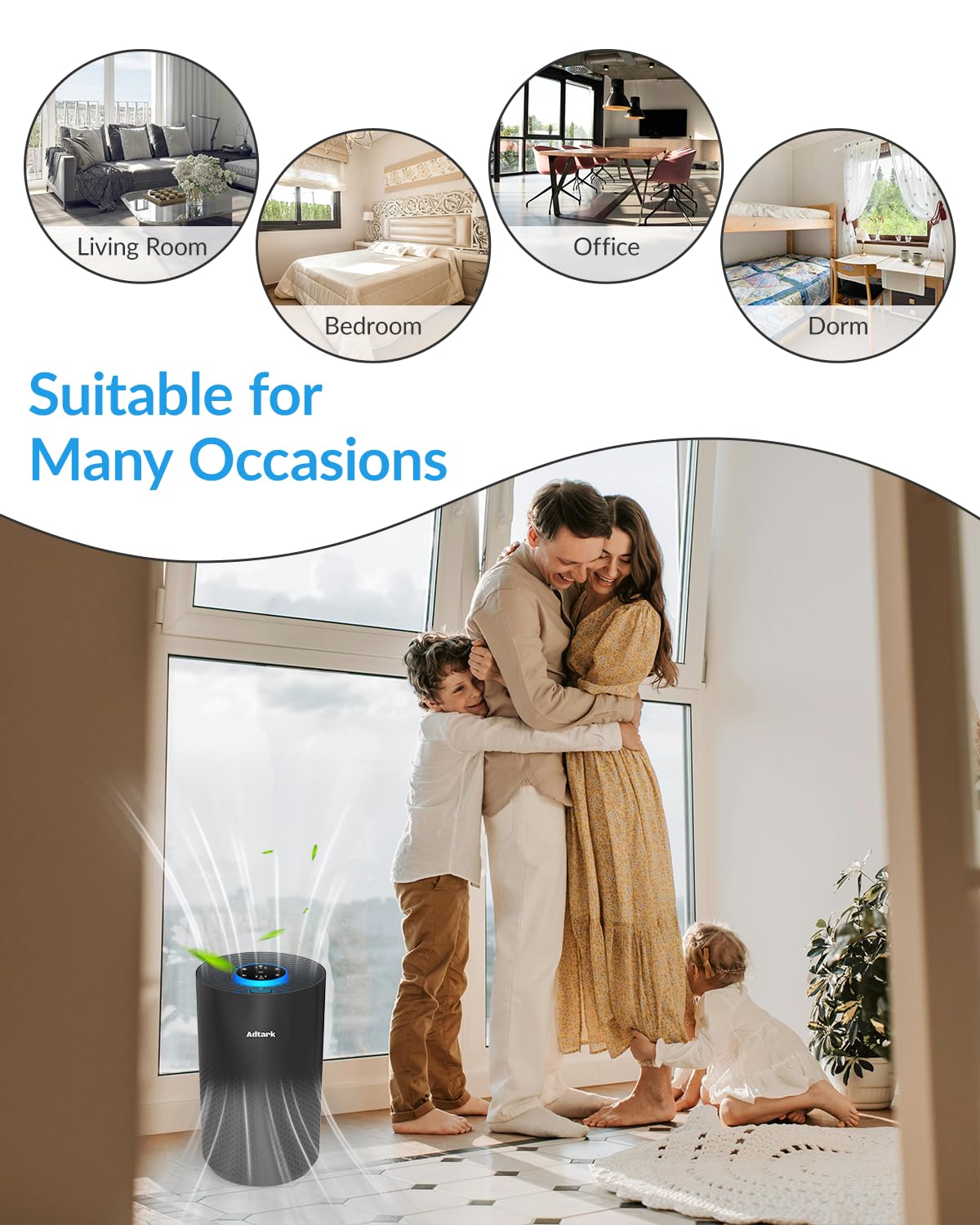 Air Purifiers for Home Bedroom, ADTARK Air Cleaner with 3-in-1 Filter, Sleep Mode & Aroma Function, 3 Light Modes, Room Air Purifier with 3 Timer for Office, Dorm, Hotel (Black)