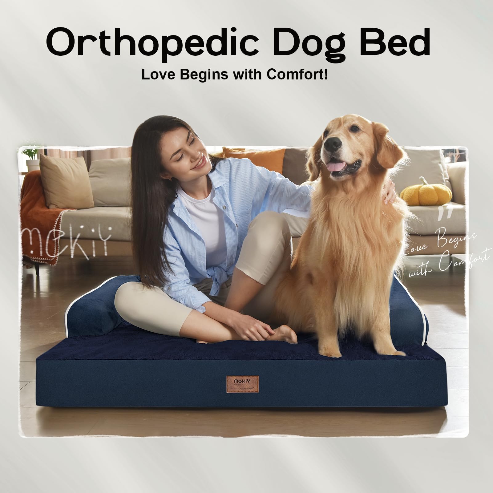 MEKIY Orthopedic Waterproof Dog Bed with Bolster for Extra Large Size Dogs